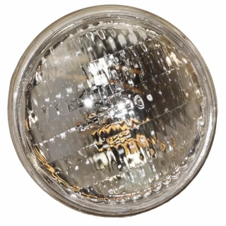 Allis-Chalmers 12-Volt Sealed Hi-Beam Bulb 4.365 OD, close-up of a round vehicle headlight with a reflective interior and a protective glass cover.
