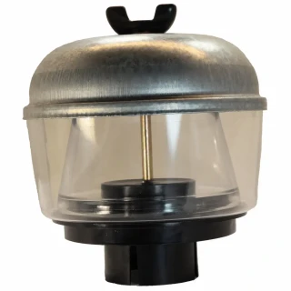 Allis-Chalmers Precleaner Cap Assembly for D15, ED40, close-up view of the machinery part with a metallic cap, transparent protective cover, and black mounting base.