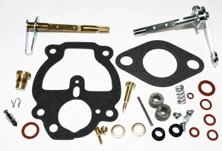 Allis-Chalmers Allis Chalmers B IB C RC Zenith Carburetor Repair Kit, includes black gaskets, metal screws, washers, and other small parts for carburetor maintenance.