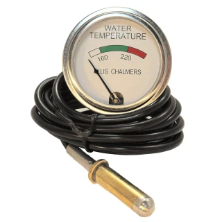 Allis-Chalmers Temperature Gauge D10 D12 D14 D15 D17 D19 WD45 Diesel, round water temperature gauge with black wiring and a brass probe for tractor engines.