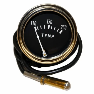 Allis-Chalmers Water Temperature Gauge, vintage round gauge with black face and white markings, featuring a metal bezel and a sensor probe at the bottom.