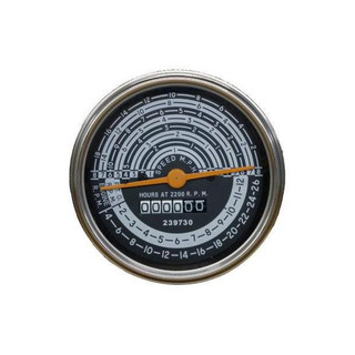 Allis-Chalmers D21 Tachometer Operation Meter, round analog gauge with black and white dial, orange needle indicating RPM and hours, and digital hour counter display.