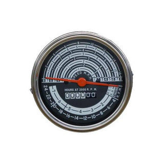 Allis-Chalmers D19 Tachometer Tach, round engine speed and hour meter gauge with black and white dial and red needle pointer.