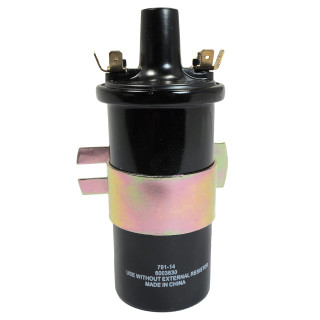 Allis-Chalmers 12 Volt Coil with Internal Resistor, black coil with metal mounting brackets and electrical connectors, used for tractor ignition systems.