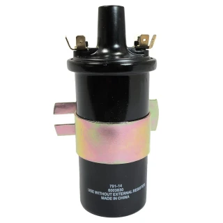 Allis-Chalmers 12 Volt Coil with Internal Resistor, black coil with metal mounting brackets and electrical connectors, used for tractor ignition systems.