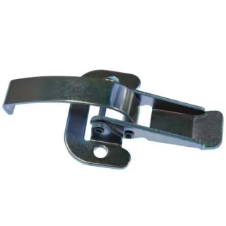 Metal hood snap latch for Allis-Chalmers farm tractors, shown on a white background. The black-and-silver latch has a curved lever, mounting plate with a round bolt hole, and a rectangular catch.