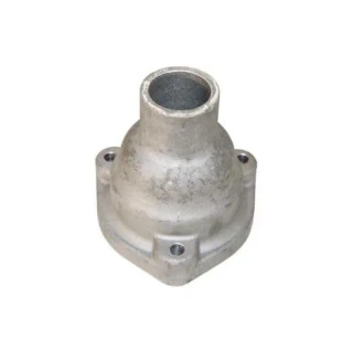 Silver cast-metal thermostat housing cover for Allis-Chalmers WC, WD, and WF farm tractors, with a raised round neck and three mounting tabs with bolt holes.