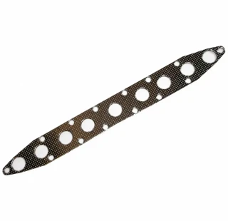 Allis-Chalmers D19 Gas Manifold Gasket 74512715, a metal gasket with multiple circular openings of various sizes for engine part sealing.