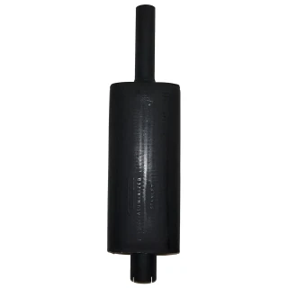 Black replacement muffler for Allis-Chalmers D15 and D17 diesel farm tractors, shown upright against a white background with inlet and outlet pipes extending from its ends.