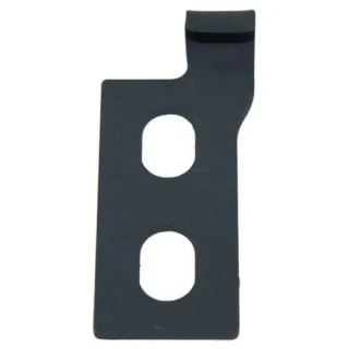 Black metal right-hand hood latch bracket for Allis-Chalmers D10 and D12 tractors, with two vertical oval mounting slots and a raised, bent tab at the top.