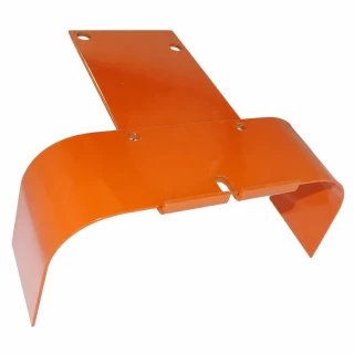 Orange-painted metal PTO shield for Allis-Chalmers RC, WC, and WF farm tractors, with a long flat mounting plate featuring two holes and a wide curved guard with additional mounting holes.