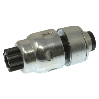 Close-up product photo of a silver Allis-Chalmers tractor starter drive, with a dark toothed pinion gear at the left and a cylindrical metal housing extending to the right, on a white background. For D10, D12, D14, and D15 farm tractors.