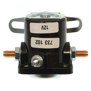 Allis-Chalmers Starter Solenoid 3 Post Saddle Mount 12 Volt, electrical starter solenoid with black body, metal mounting bracket, and copper terminal posts for connecting wires.