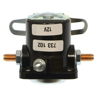 Allis-Chalmers Starter Solenoid 3 Post Saddle Mount 12 Volt, electrical starter solenoid with black body, metal mounting bracket, and copper terminal posts for connecting wires.