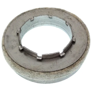 Close-up of a circular metal front wheel bearing seal with a felt outer ring, for Allis-Chalmers B, C, CA, D10, and D12 farm tractors.