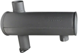 Gray horizontal round-body muffler for an Allis-Chalmers 190 farm tractor, with short pipe fittings extending from the top and bottom.
