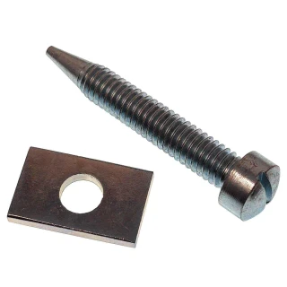 Allis-Chalmers tractor cap screw and rectangular block, part number 70202132. The long threaded screw has a tapered end and slotted head; the flat block has a centered hole.