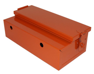Allis-Chalmers Toolbox - Allis Chalmers WC, RC, WF - Persian Orange #2, a durable metal toolbox in Persian orange color with a hinged lid and latch mechanism for tractor tool storage.