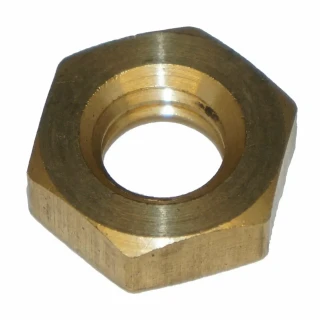Allis-Chalmers Brass Manifold Nut - 7/16" - 14 NC Brass, close-up of a brass hexagonal nut used for plumbing or mechanical fittings.