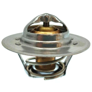 Close-up of a metal 180-degree thermostat for an Allis-Chalmers farm tractor, with a wide circular flange, central brass-colored valve, and coiled spring.