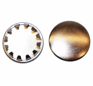 Allis-Chalmers 7/8 inch Snap-In Hole Plug, Nickel Plated, 9563K46, image showing front and back views of the nickel-plated metal hole plug with a serrated interior for secure fit.