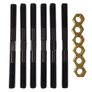 Six black double-ended manifold studs with wrench flats, shown beside six brass-colored hex nuts on a white background. For Allis-Chalmers WC, WD, WD45, and early D17 farm tractors.