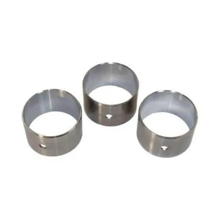 Three silver cylindrical camshaft bearing bushings with oil holes, arranged in a row on a white background; set for Allis-Chalmers B, C, CA, IB, and RC farm tractors.