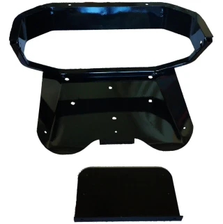 Black metal Allis-Chalmers Super Deluxe tractor seat frame with a separate flat mounting plate, shown against a white background.