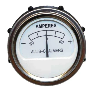Round Allis-Chalmers ammeter gauge for farm tractors, marked AMPERES with a 60-0-60 scale, negative and positive indicators, and a central needle at zero.