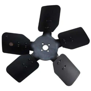 Black five-blade fan for an Allis-Chalmers farm tractor, shown against a white background.