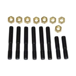 Allis-Chalmers Manifold Stud & Nut Set - D10, D12, image of golden nuts and black threaded studs arranged in a row.
