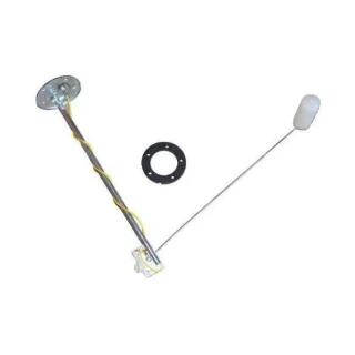 Allis-Chalmers farm tractor fuel sending unit for models 9130, 9150, 9170, and 9190, with a circular mounting plate, long float arm and white float, wiring, and a separate black gasket.