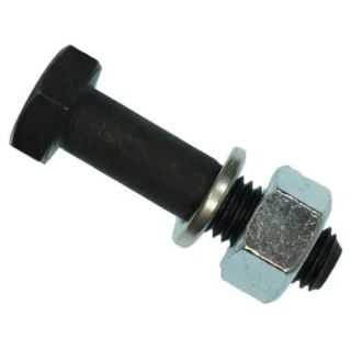 A black Allis-Chalmers rear wheel clamp bolt with a large hex head, washer, and silver hex nut, shown diagonally on a white background. For B, IB, and C farm tractors.