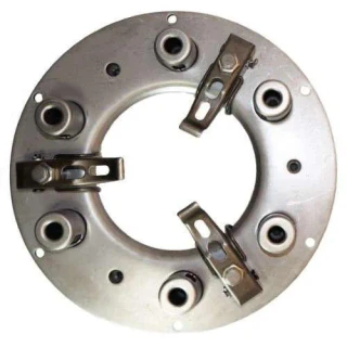 Round metal clutch pressure plate for Allis-Chalmers WC, WD, WD45, and WF farm tractors, viewed from above, with three release levers and six mounting holes.