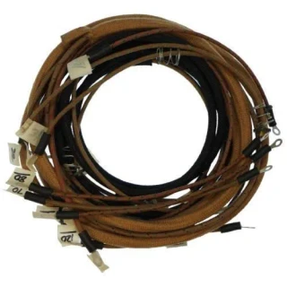 Coiled wiring harness kit for Allis-Chalmers B, C, CA, and IB farm tractors, with brown fabric-braided wires, black leads, connectors, and labeled terminals.