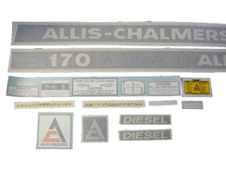Allis-Chalmers 170 diesel tractor vinyl decal set displayed on a white background, including long gray “ALLIS-CHALMERS” and “170” decals, two “DIESEL” decals, logo decals, and assorted warning and instruction labels.
