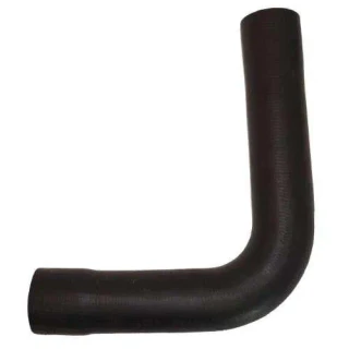 Upper radiator hose for Allis-Chalmers D21 farm tractor, black, L-shape with cylindrical ends.