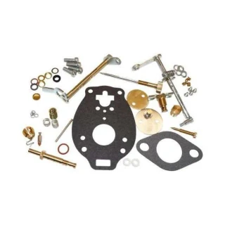 Allis-Chalmers Platinum Carburetor Kit for Allis Chalmers CA and D14, assorted carburetor repair parts and gaskets arranged on a white background.