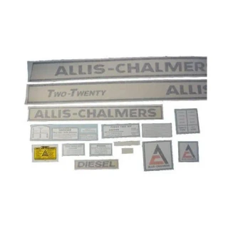 Collection of vinyl decals for Allis-Chalmers 220 Two-Twenty Diesel tractor, including brand names, model numbers, and warning labels.