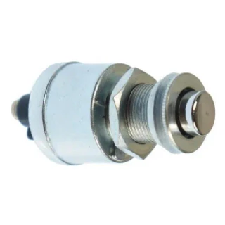 A chrome push button starter switch for Allis-Chalmers farm tractors. The switch has a metallic body with threading and a button on the end, designed for specific tractor models like WD45, D15, D17, D19, D21, and various series such as 170, 175, 180, 185, 190, 190XT, 200, 210, 220, 6000, and 7000.