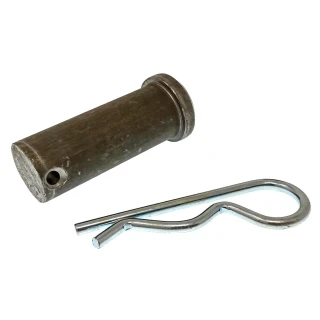 A metal clevis pin and R-clip used for Allis-Chalmers farm tractors, specifically for drawbar hanger cradle. The clevis pin is cylindrical with a hole at one end, showing signs of rust and wear. The R-clip is a shiny, curved metal pin that secures the clevis pin in place.