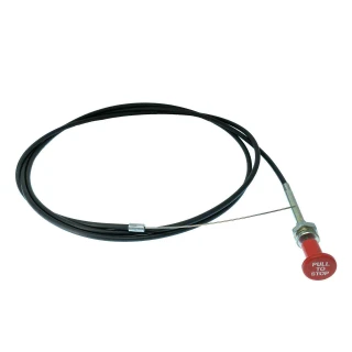 A black aftermarket universal engine stop/diesel fuel shut off cable that is 96 inches long. It has a red pull-to-stop button at one end and a metal fitting at the other end.