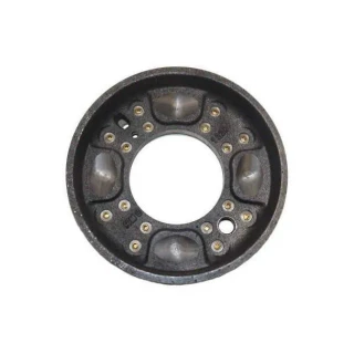 Allis-Chalmers Brake Drum Assembly for D19, 190, 190XT, black metal circular brake component with mounting holes and pad placements for tractor brake system.
