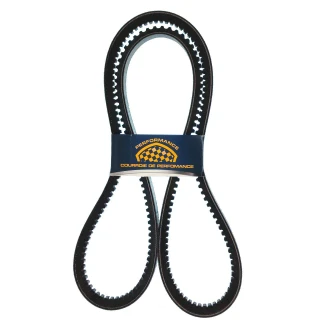 A black performance fan belt suitable for Allis-Chalmers farm tractors, models 180, 185, 190, and 190XT. The belt is displayed with a blue label that reads "Performance" and "Courroie De Performance" with a yellow checkered flag design.