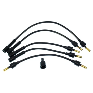 A set of five black spark plug wires with gold connectors designed for Allis-Chalmers farm tractors with electronic ignition, along with a single rubber boot insulator.