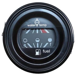 A round gauge panel designed for farm tractors, showing fuel level, water temperature, and engine temperature with labeled icons and color-coded indicators.