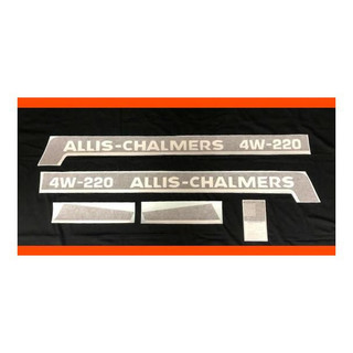 Allis-Chalmers 4W-220 Vinyl Decal Set, images of various white vinyl decals with black text for tractor or equipment branding.