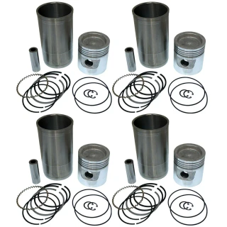 A kit of engine parts including pistons, cylinders, rings, pins, and clips, specifically designed for Allis-Chalmers D15 Series II farm tractors. The parts are arranged in a symmetrical pattern, showing two sets together.