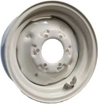 Allis-Chalmers Front Wheel Rim 6 x 16 in 6 Lug Square Weight Holes, white steel wheel with central hub and mounting holes for tractor or machinery.