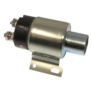 Allis-Chalmers Delco Starter Solenoid for Allis Chalmers 4W220, 7000, 8000 Series, metal cylindrical starter solenoid with electrical terminals and mounting bracket.